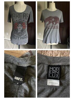 2 ladies gray short sleeve graphic tshirts Small California and Make art not war